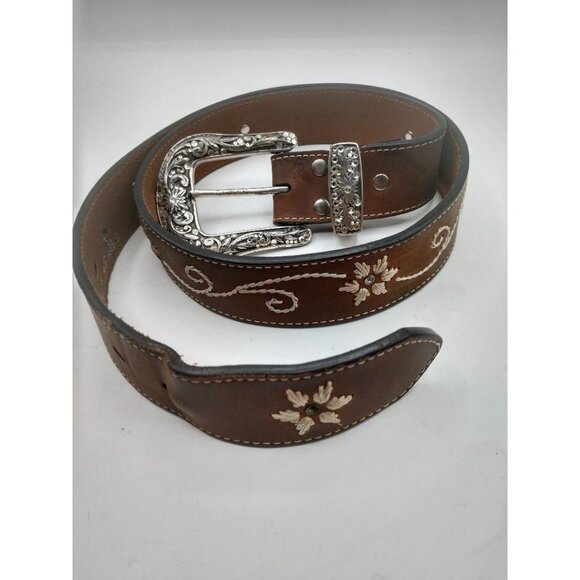 Nocona Western Embroidered Brown Leather Belt With Ornate Silver Buckle & Rhines - Picture 2 of 10